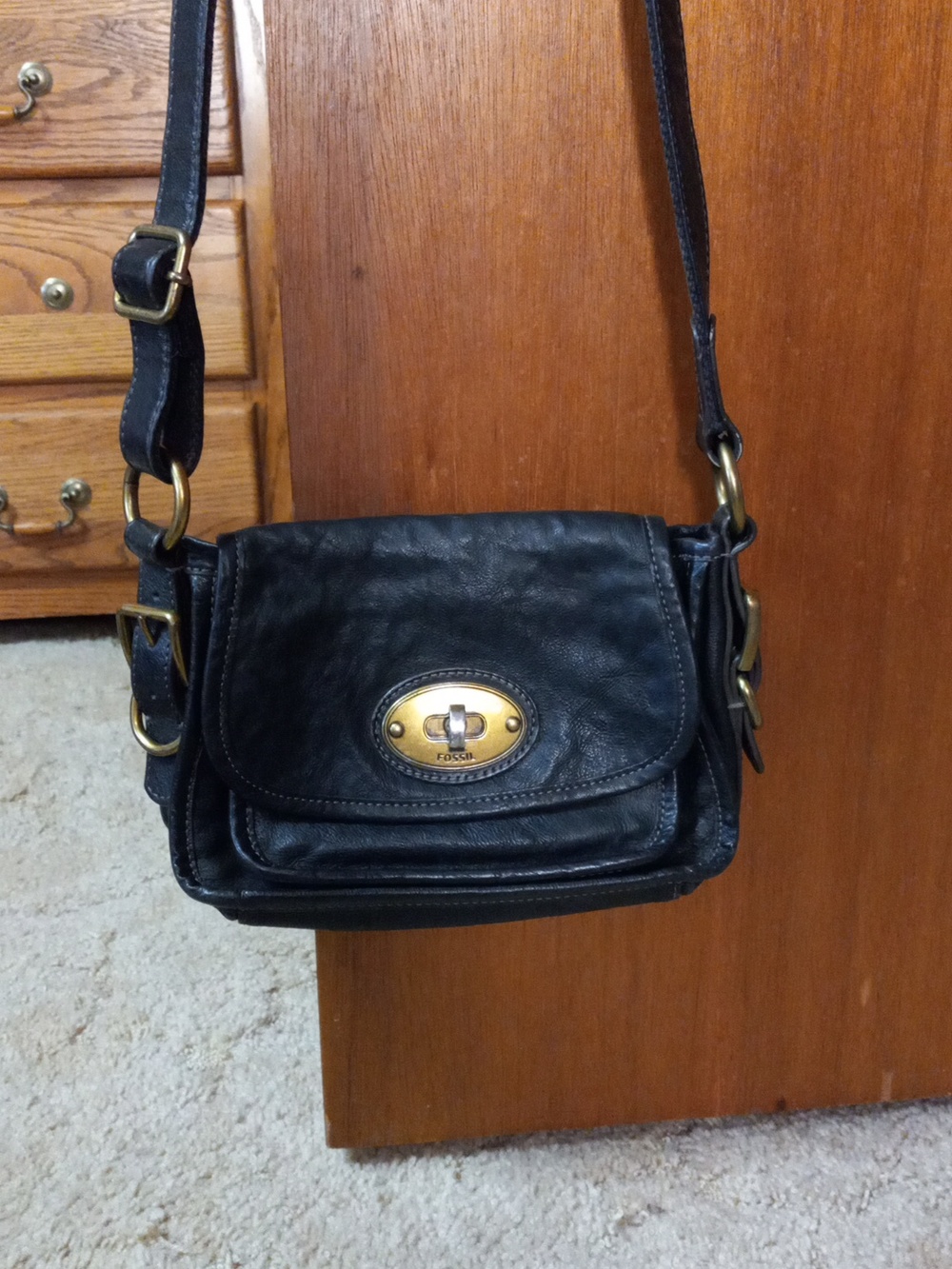 Fossil Black Leather Crossbody with Gold Turn-Lock